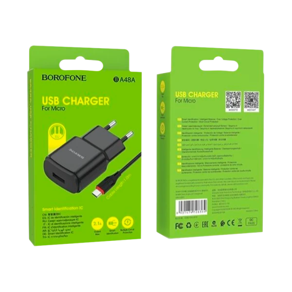Сетевое З/У Borofone BA48A 1USB 2.1A с кабелем microUSB черный (1/44/176)
