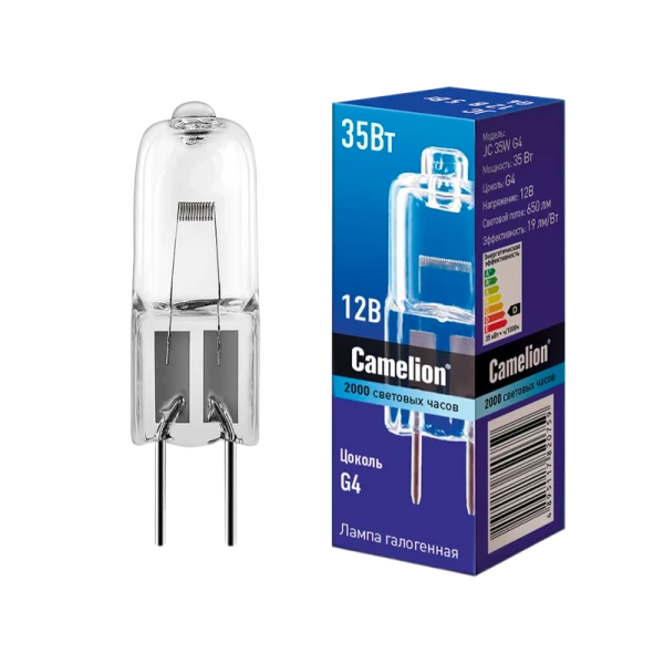 Лампа галогенная Camelion JC G4 35W 2800К 12V капсула прозрачная (1/5/100)