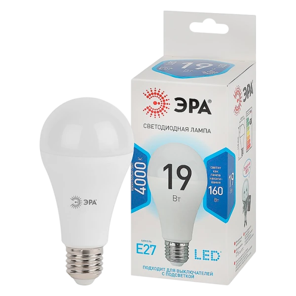 Лампа светодиодная ЭРА A65 E27 19W 4000К 170-265V груша (1/10/100)