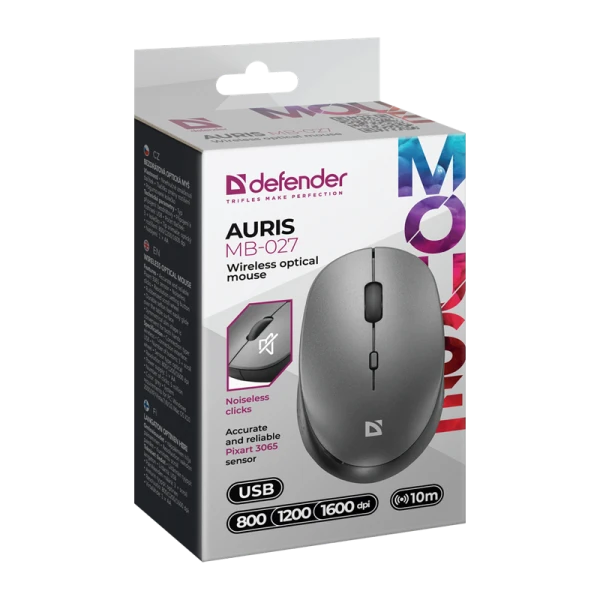 Мышь беспроводная Defender MB-027 Auris бесшумная bluetooth серый (1/40)