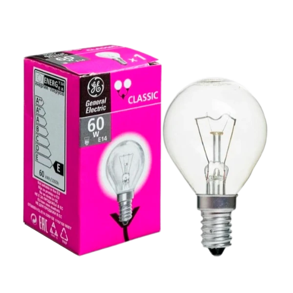 Лампа накаливания General Electric E14 60W 230V шар 45мм прозрачная