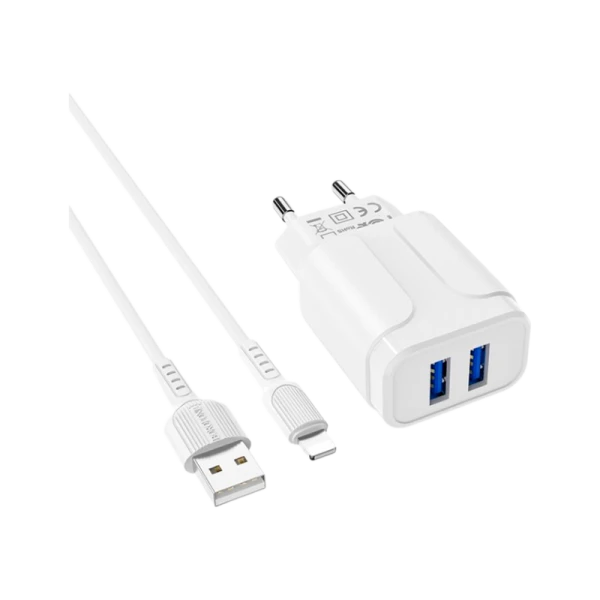 Сетевое З/У Borofone BA37A 2USB 2.4A с кабелем Lightning белый (1/28/112)