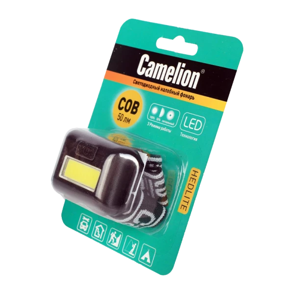 Фонарь налобный Camelion LED5355 1LED+COB от батареек IPX4 черный (1/10/100)
