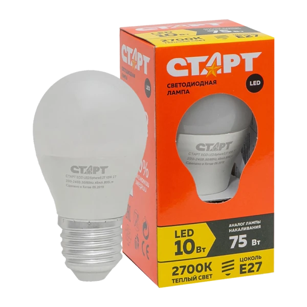 Лампа светодиодная Старт G47 E27 10W 2700К 220V шар Eco матовая (1/10/100)