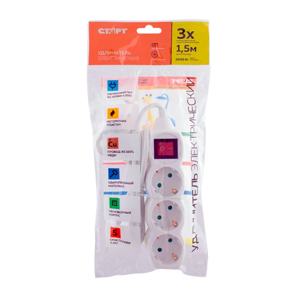 Удлинитель Старт S 3р.С/З 10A 1.5м с выкл. IP20 белый (1/20)