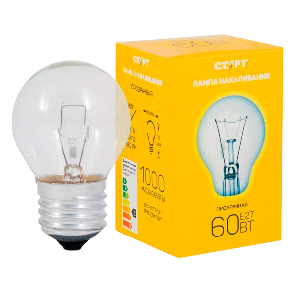 Лампа накаливания Старт E27 60W 230V шар ДШ прозрачная (1/100)