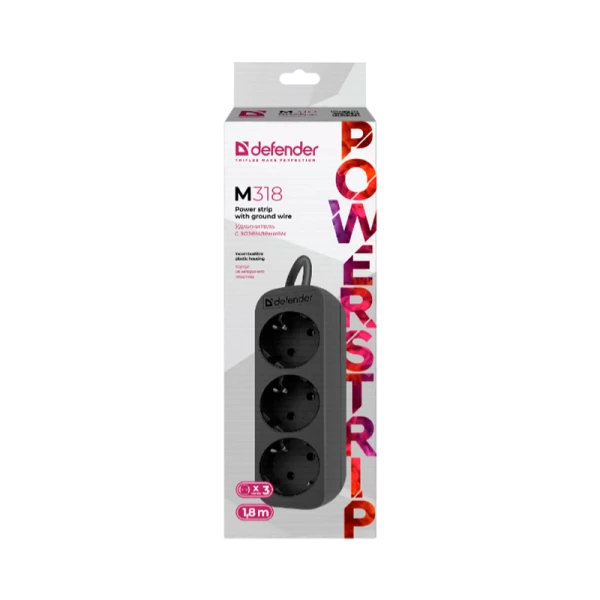 Удлинитель Defender M318 3р.С/З 10A 1.8м черный (1/30)