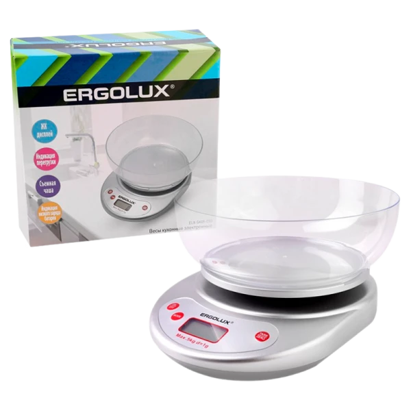 Весы кухонные Ergolux ELX-SK05-C03 электронные 5кг со съемной чашей серый (1/24)