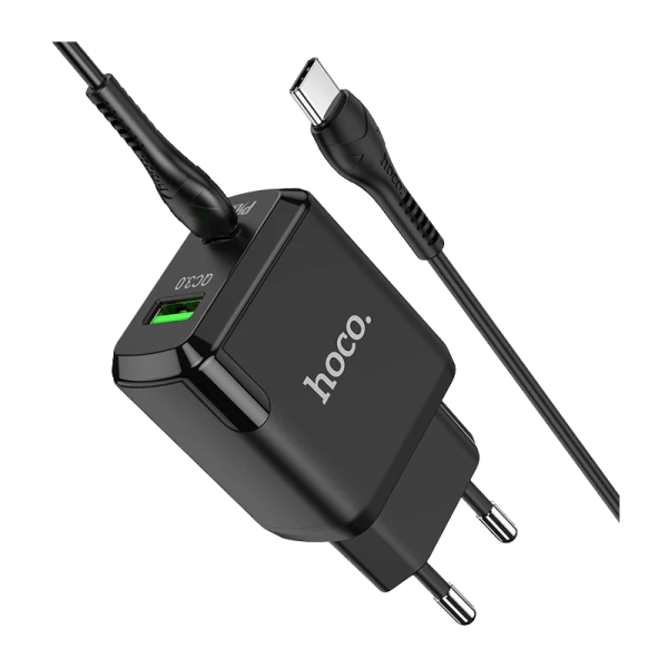 Сетевое З/У HOCO N5 1USB/Type-C 3.0A 20W PD3.0 с кабелем Type-C-Type-C черный (1/12/120)