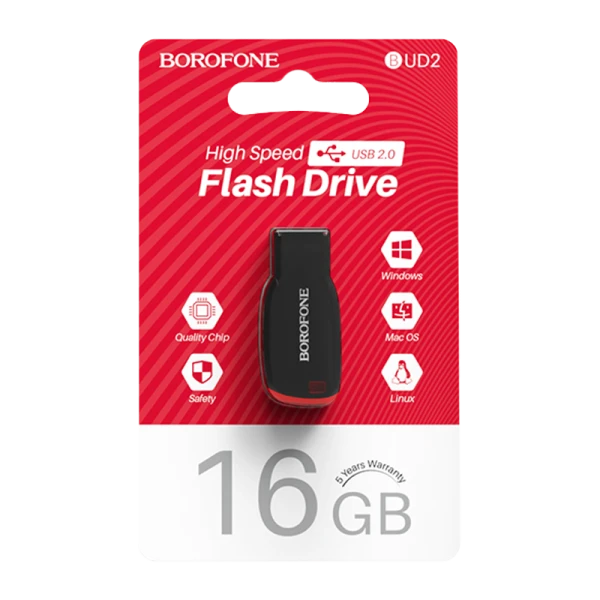 Флеш-накопитель Borofone Generous BUD2 16GB USB2.0 пластик черный (1/35/280)