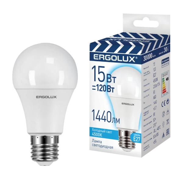 Лампа светодиодная Ergolux A60 E27 15W 4500К 180-240V груша ПРОМО (1/100)