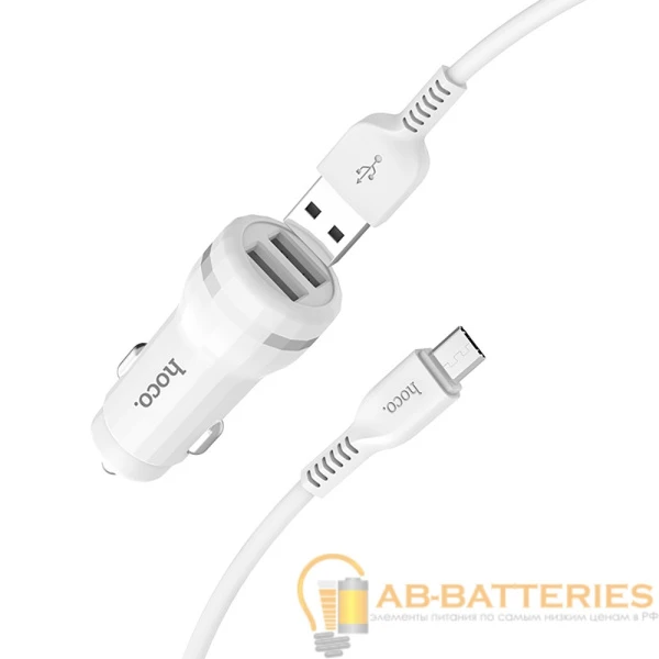 Автомобильное З/У HOCO Z27 2USB 2.4A с кабелем microUSB белый (1/10/100)