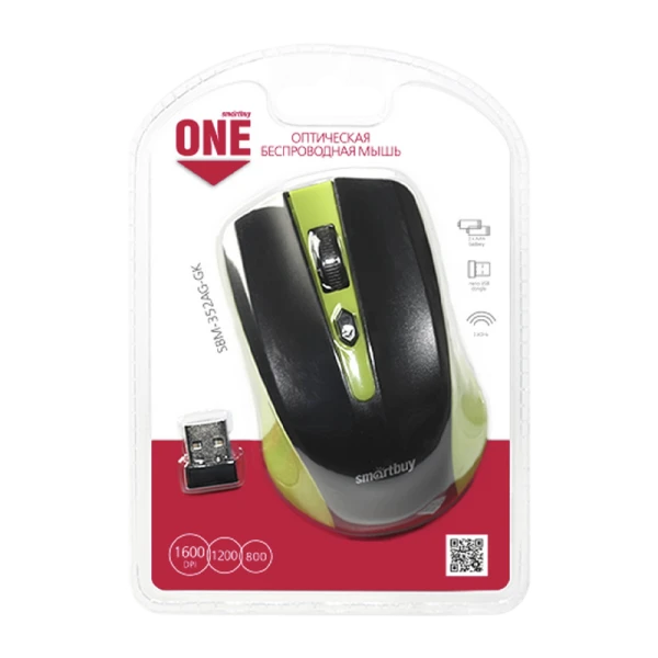 Мышь беспроводная Smartbuy 352AG ONE классическая USB зеленый черный (1/60)