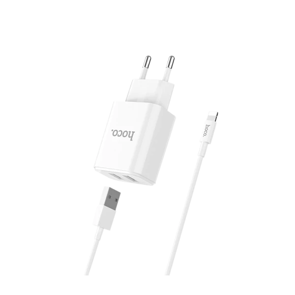 Сетевое З/У HOCO C62A 2USB 2.1A умная зарядка (IC) с кабелем Lightning белый (1/21/126)