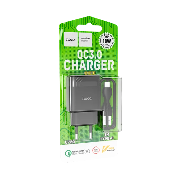 Сетевое З/У HOCO C72Q 1USB 2.4A 18W QC3.0 с кабелем Type-C черный (1/30/180)