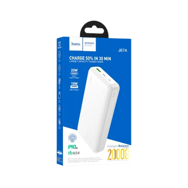 Внешний аккумулятор HOCO J87A 20000mAh 3.0A 20W 2USB/Type-C PD3.0 белый (1/36)