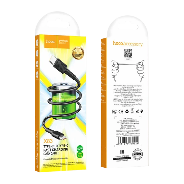 Кабель HOCO X83 Type-C (m)-Type-C (m) 1.0м 3.0A 60W ПВХ черный (1/33/330)