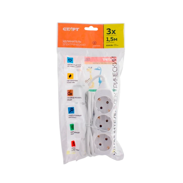 Удлинитель Старт S 3р.Б/З 10A 1.5м белый (1/20)