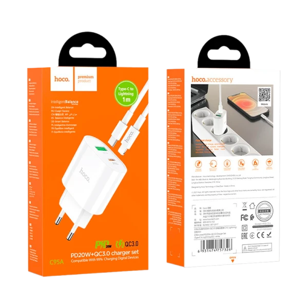 Сетевое З/У HOCO C95A 1USB/Type-C 3.0A 20W QC3.0 белый (1/13/130)