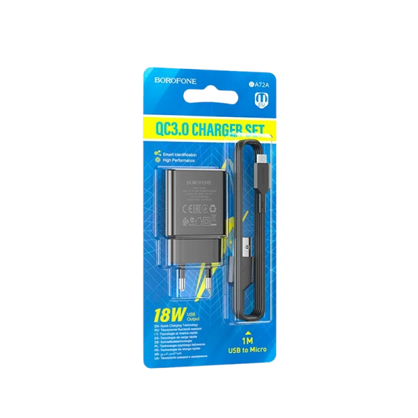 Сетевое З/У Borofone BA72A 1USB 18W QC3.0 с кабелем Type-C черный (1/60/240)