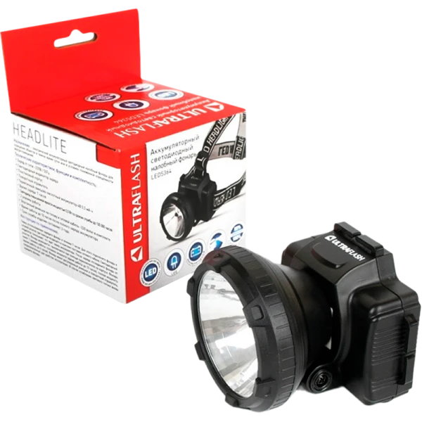 Фонарь налобный Ultraflash LED5364 0.5W 1LED от аккумулятора 2 режима черный (1/5/100)