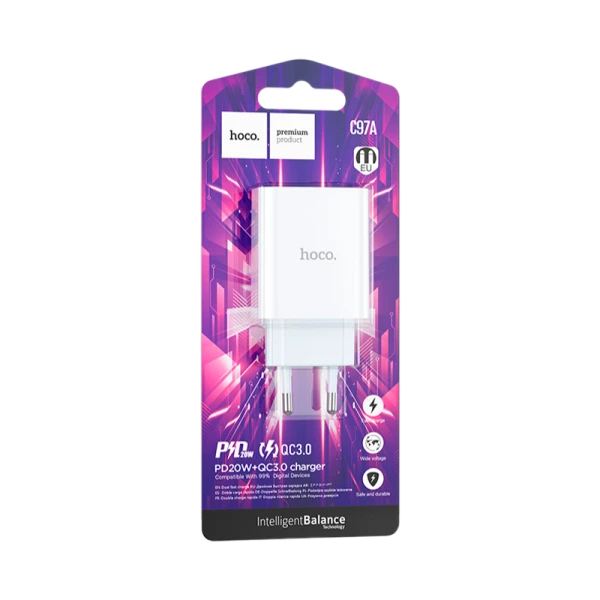 Сетевое З/У HOCO C97A 1USB/Type-C 20W QC3.0 белый (1/30/180)