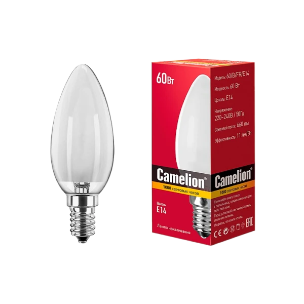 Лампа накаливания Camelion E14 60W 220V свеча матовая (1/100)