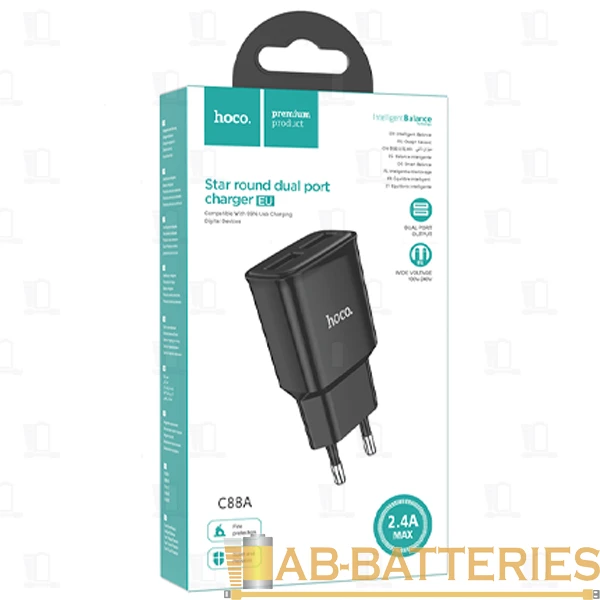 Сетевое З/У HOCO C88A 2USB 2.4A с кабелем microUSB черный (1/12/120)