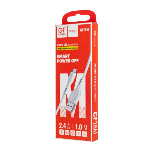 Кабель GFPower 15M USB (m)-microUSB (m) 1.0м 2.4A TPE белый (1/200/800)