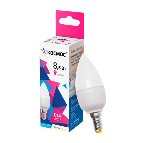 *Лампа светодиодная Космос CN E14 8.5W 3000К 220V свеча матовая (1/10/80) 
