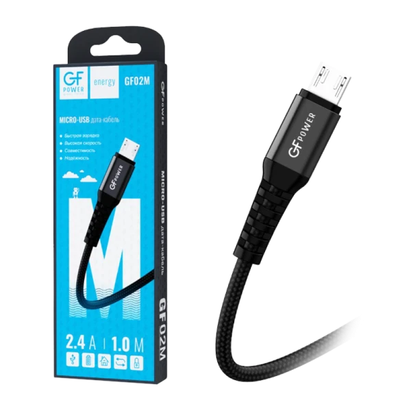 Кабель GFPower 02M USB (m)-microUSB (m) 1.0м 2.4A нейлон черный (1/200/800)