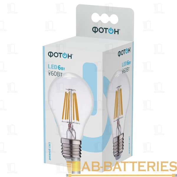 Лампа светодиодная филамент Фотон A60 E27 6W 4000К 100-265V груша прозрачная (1/10/50)