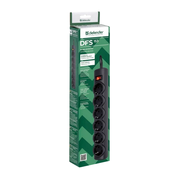 Сетевой фильтр Defender DFS 153 6р.С/З 10A 125 Дж 3.0м черный (1/30)