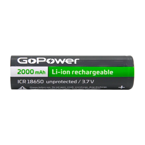 Аккумулятор Li-ion GoPower ICR18650 PC1 3.7V 2000mAh без защиты плос.конт. (1/80/160)