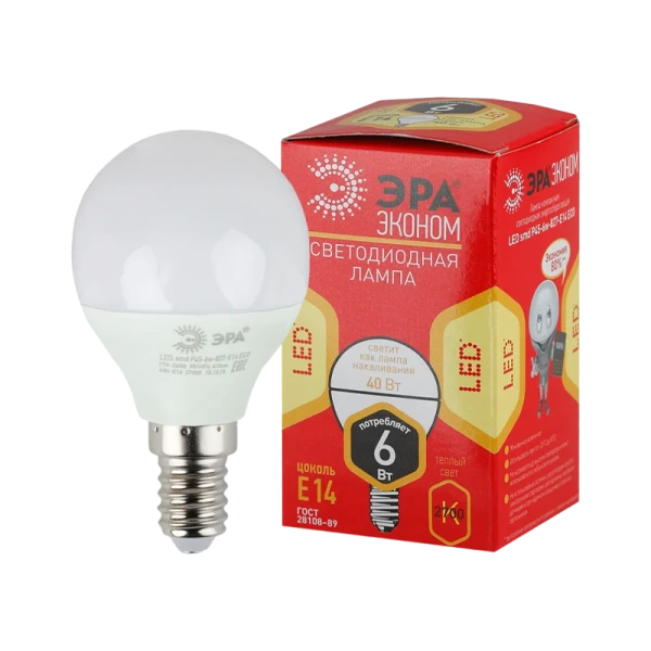 Лампа светодиодная ЭРА P45 E14 6W 4000К 220-240V шар Eco (1/10/100)