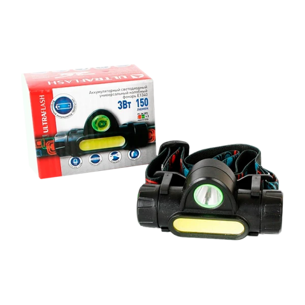 Фонарь налобный Ultraflash E1340 3W COB от аккумулятора 2 режима черный (1/240)