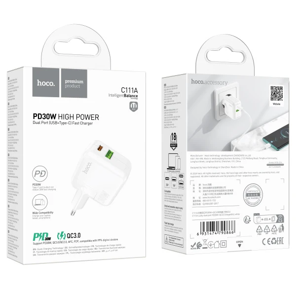 Сетевое З/У HOCO C111A 1USB/Type-C 3.0A 30W белый (1/20/120)