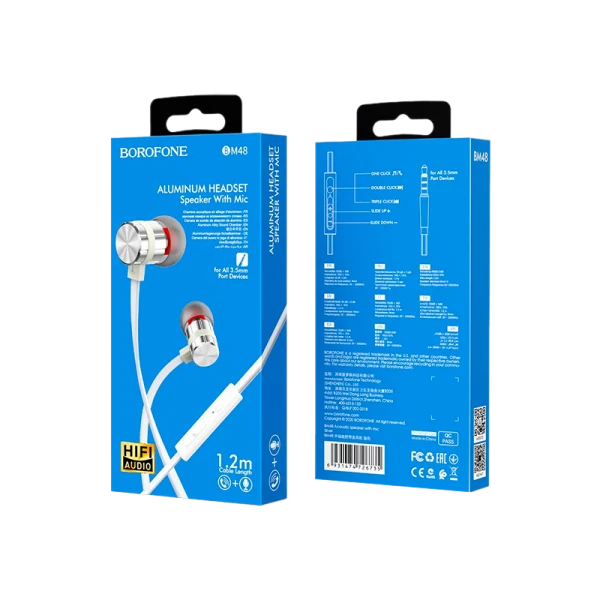 Наушники внутриканальные Borofone BM48 с микр. серебряный (1/36/144)