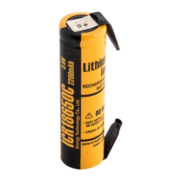 Аккумулятор ET ICR18650C-T 2-ножки, горизонтальный монтаж, литиевый аккум, 3.7В, 2200мАч (1/40/360)