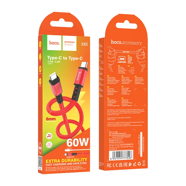Кабель HOCO X85 Type-C (m)-Type-C (m) 1.0м 60W TPE красный (1/35/350)