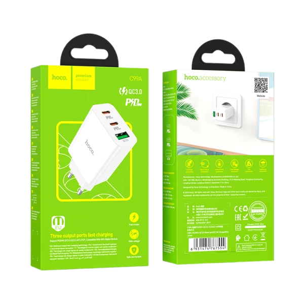 Сетевое З/У HOCO C99A 1USB/2Type-C 3.0A 20W белый (1/13/130)