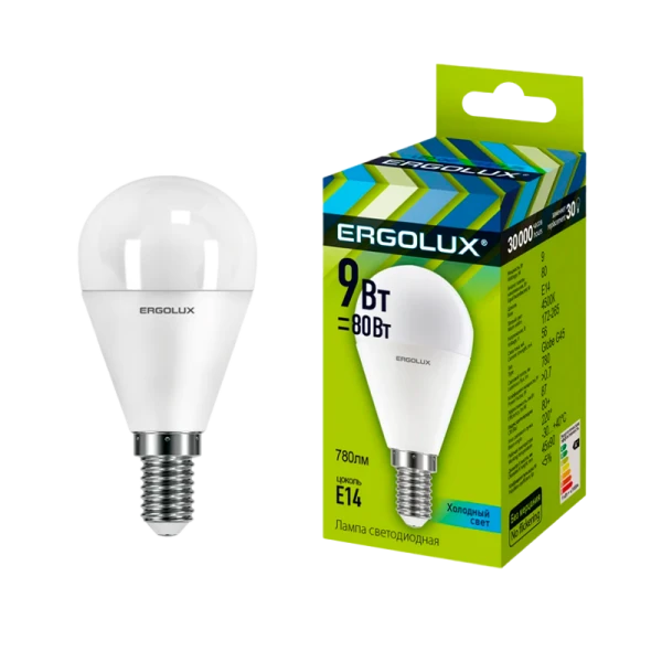 Лампа светодиодная Ergolux G45 E14 9W 4000К 172-265V шар (1/10/100)