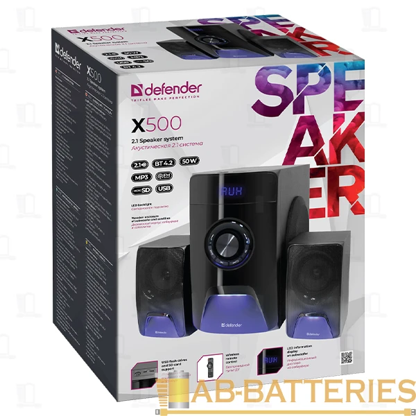 Колонки 2.1 Defender X500 50W bluetooth 4.2 FM/SD USB(f)/2xRCA(f) черный (1/3)