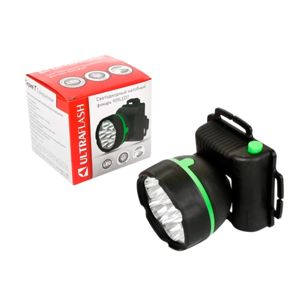 Фонарь налобный Ultraflash 909 1.7W 7LED от батареек черный (1/100)