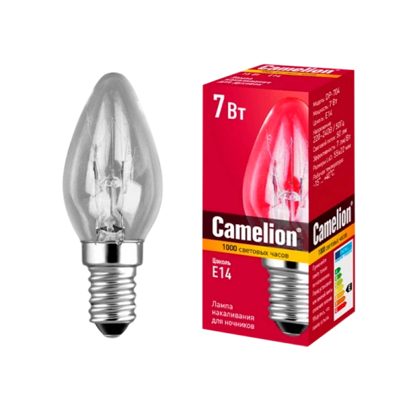 Лампа накаливания Camelion E14 7W 220-240V свеча для ночников прозрачная (1/50/500)