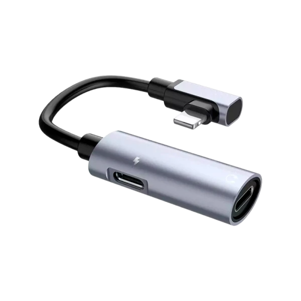 Переходник AUX HOCO LS18 Jack 3.5mm (f)-Lightning (m)/Lightning (f) силикон угловой серый (1/20/160)