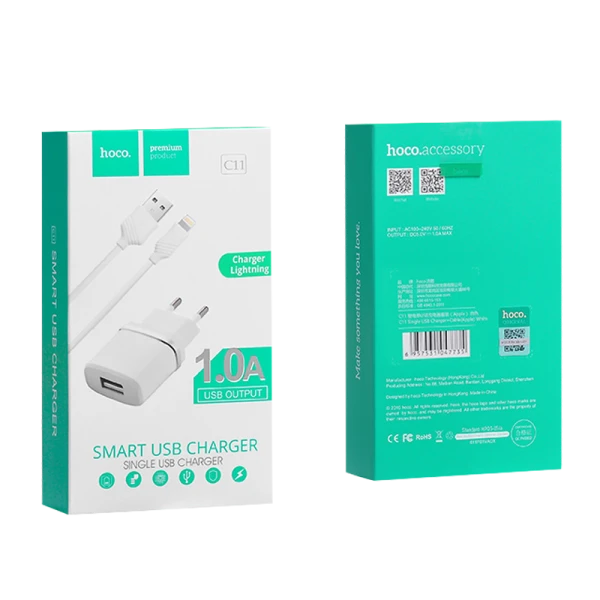 Сетевое З/У HOCO C11 1USB 1.0A с кабелем Lightning белый (1/10/100)