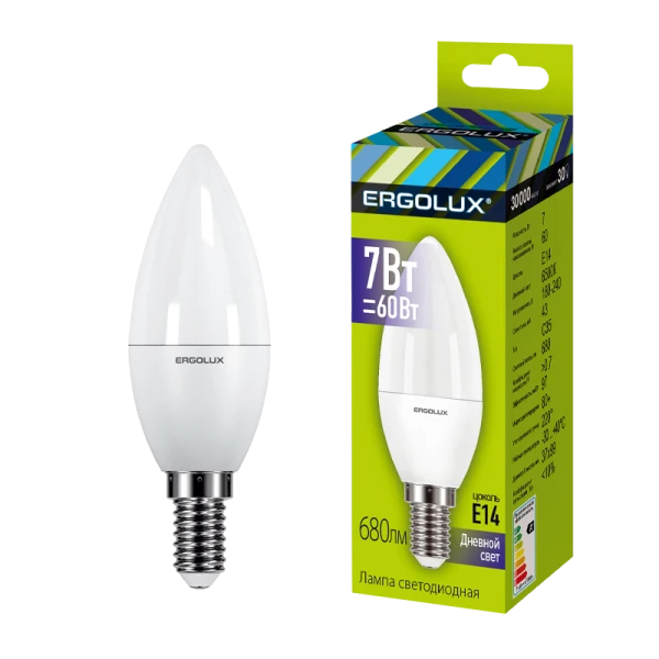 Лампа светодиодная Ergolux C35 E14 7W 6500К 172-265V свеча (1/10/100)