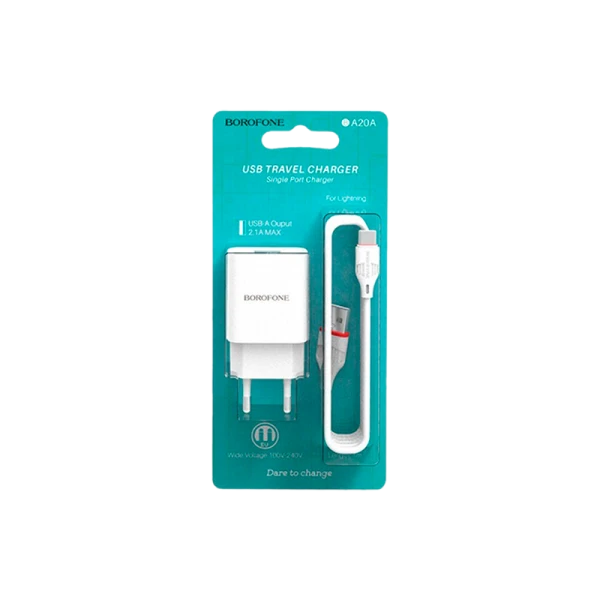 Сетевое З/У Borofone BA20A 1USB 2.1A с кабелем Type-C белый (1/48/192)