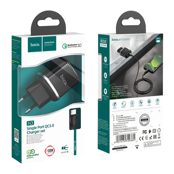 Сетевое З/У HOCO N3 1USB 3.0A 18W QC3.0 с кабелем Type-C черный (1/12/120)